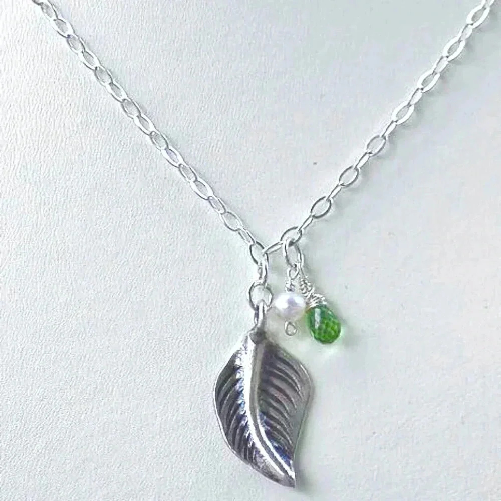 Silver Leaf Pendant, Autumn Necklace, Hill Tribe Silver, Peridot, Pearl